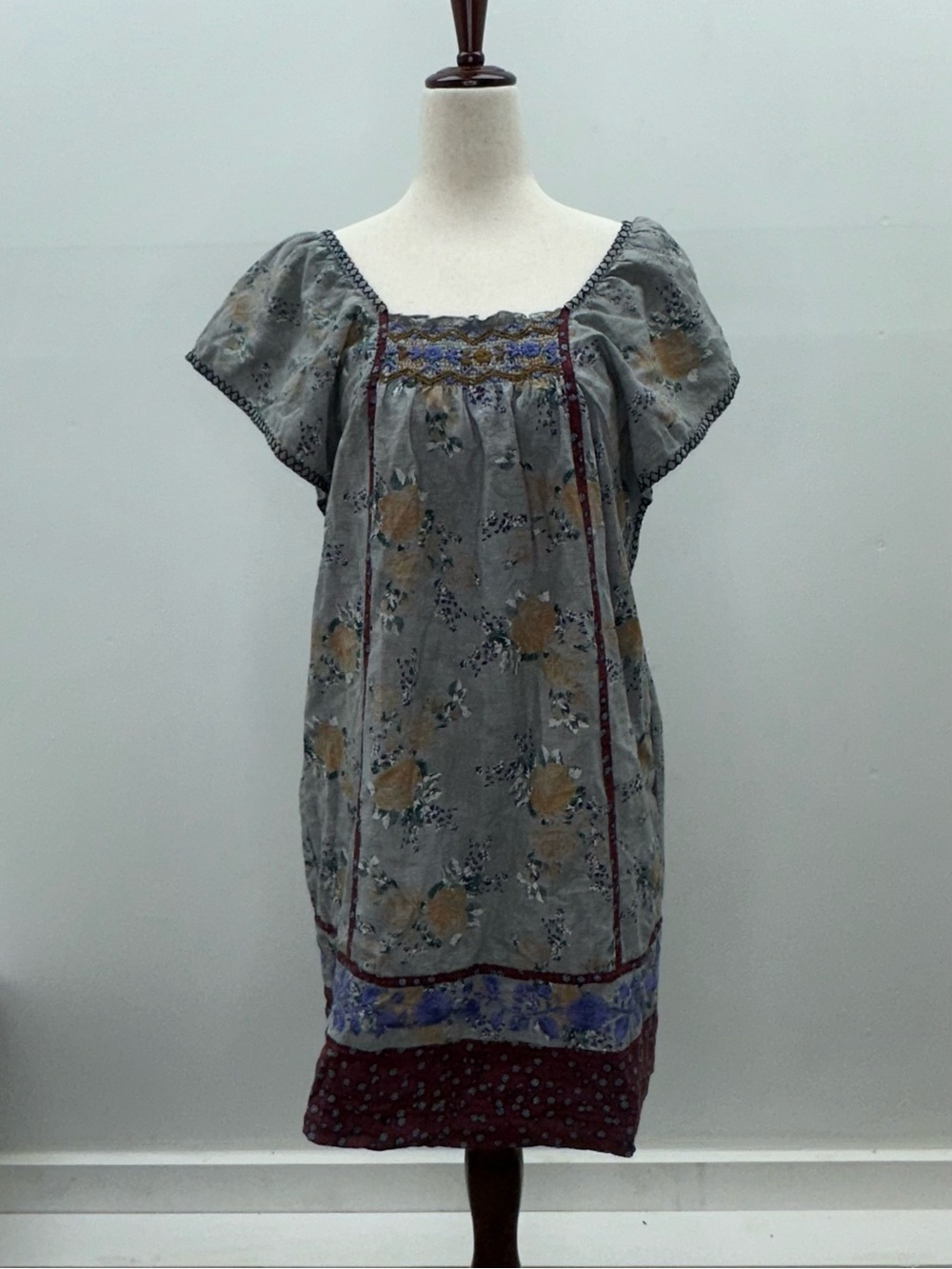 Sweet by Miss Me Linen Cotton Boho Floral Smocked Embroidered Dress Pockets S